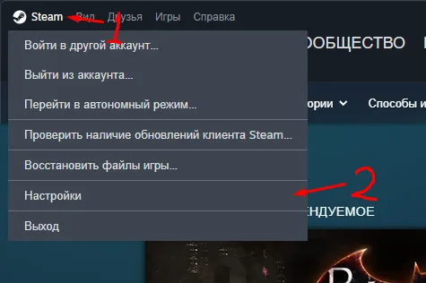 Steam Menu on PC pointing to Settings