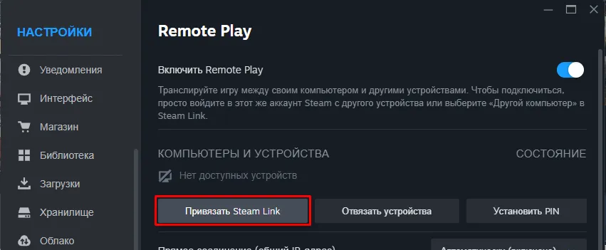 Remote Play settings on PC with the Link Steam Link button