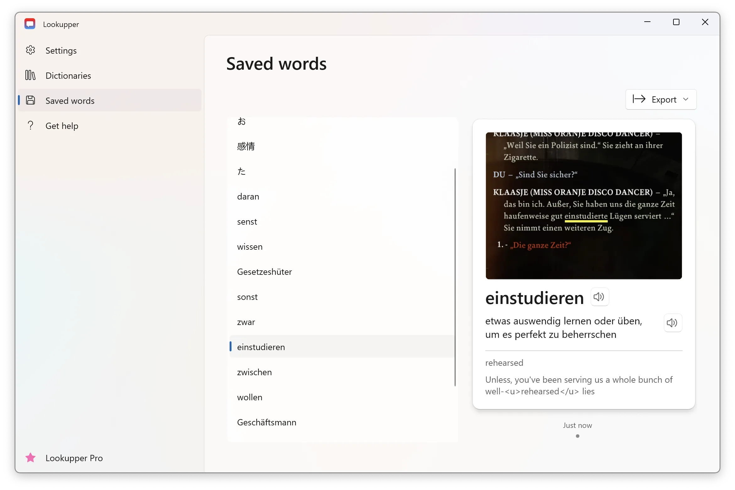 Lookupper Saved Words Tab